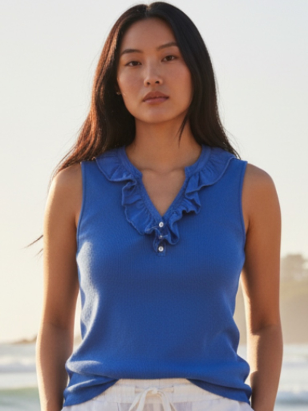 Ralph Lauren XL 1X 16 Tank Top Shirt Royal Cobalt Blue Ruffle Coastal